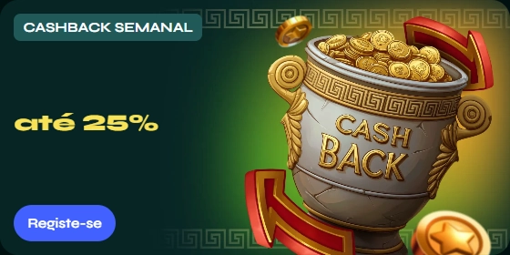 Vaso grego com moedas de ouro e seta indicando cashback de até 25%