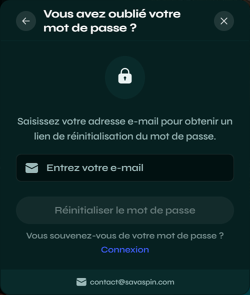 Écran Savaspin : saisissez votre e-mail pour réinitialiser votre mot de passe