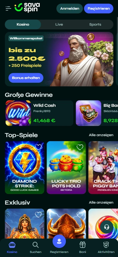 Savaspin Casino mobile lobby con juegos de casino y tragamonedas