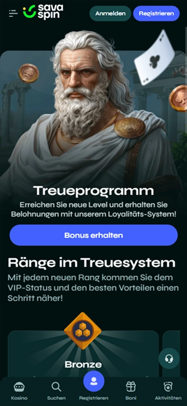 Savaspin Casino programa de fidelidad con imagen de Zeus y bonus
