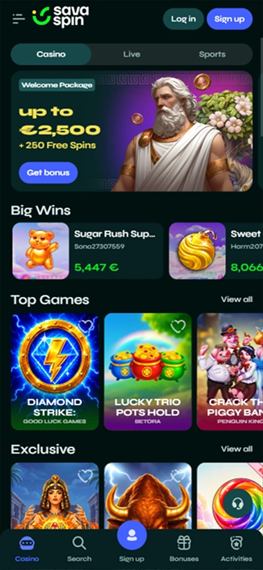 Savaspin Casino pantalla de inicio móvil con paquete de bienvenida de hasta 2500 €