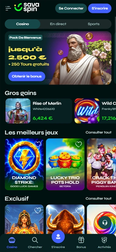 Savaspin Casino mobile screen with casino lobby, slot games and live options