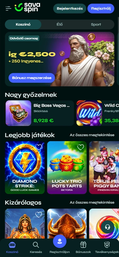 Savaspin Casino pantalla móvil con juegos de casino y bono de 250€