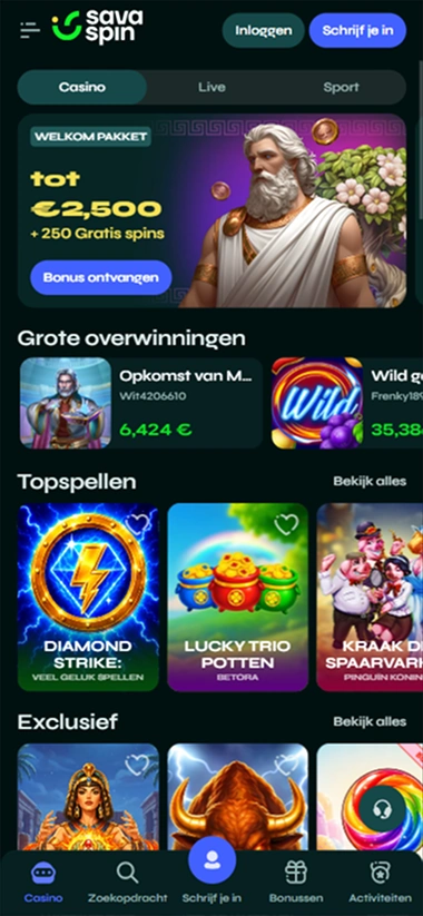 Savaspin Casino pantalla móvil con juegos de tragaperras y bonos
