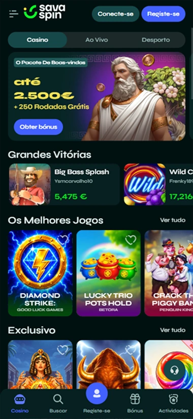 Savaspin Casino pantalla de inicio móvil con juegos y bonos